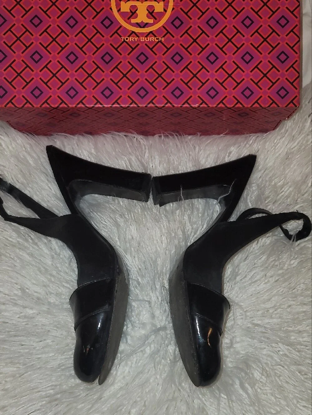 Tory Burch Black Patent Slingback Heels with Gold Logo Accents